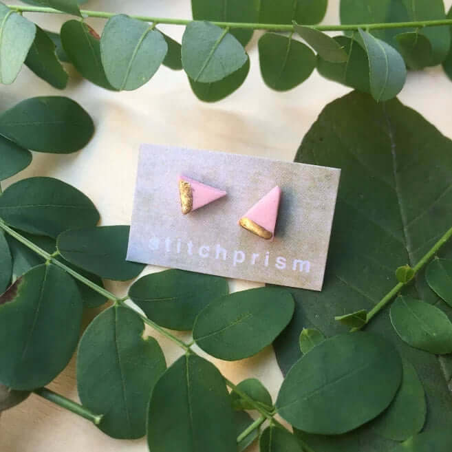 StitchPrism - Pink Clay Tiny Triangle Gold Stud