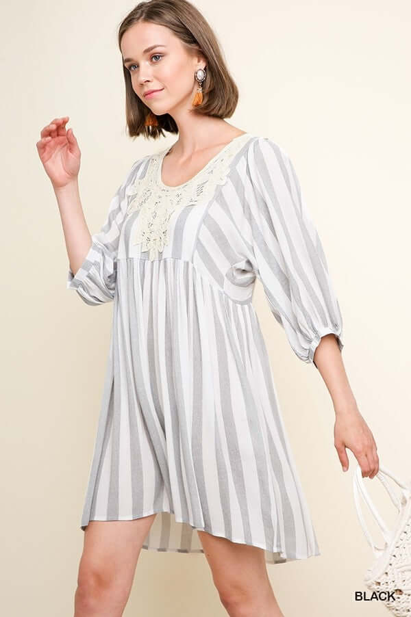 Umgee- Striped Tunic Dress with Lace Detail