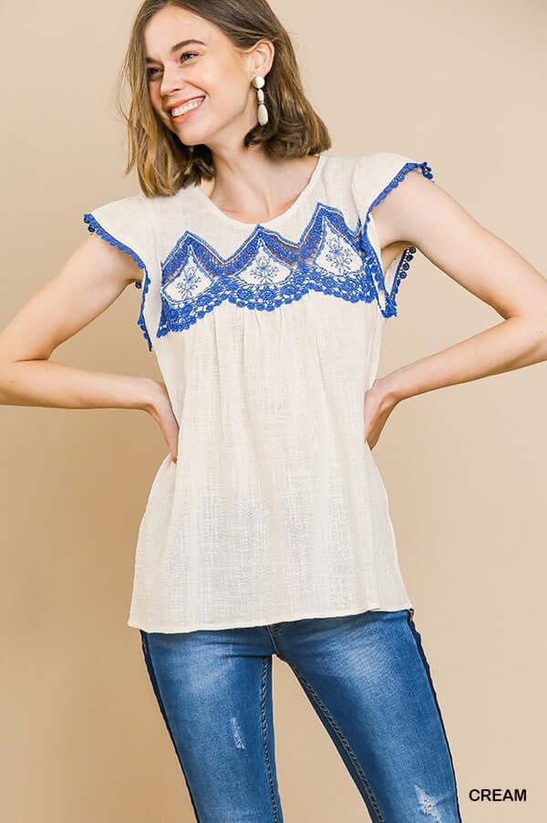 Umgee- Flutter Sleeve Blouse with Embroidery Detail